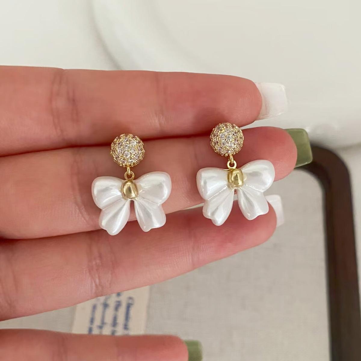 Exquisite French Zircon Pearl Bow Earrings S925 Sterling Silver - Elegant Lady Studs