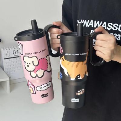 Stainless Steel Thermos Cup Large Capacity Cartoon Straw Mug with Handle Double Drink Insulated Tumbler Bottle for Home School