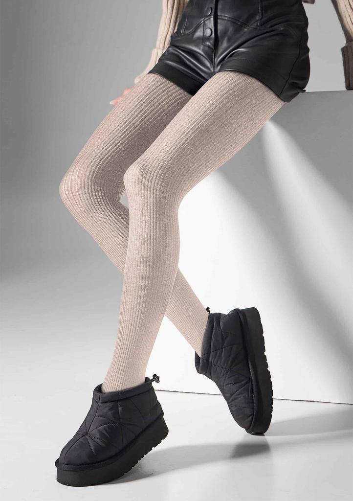 Rajstopy z wełny merino naturalny prążek beż melanż L2010 Wool Merino Legs