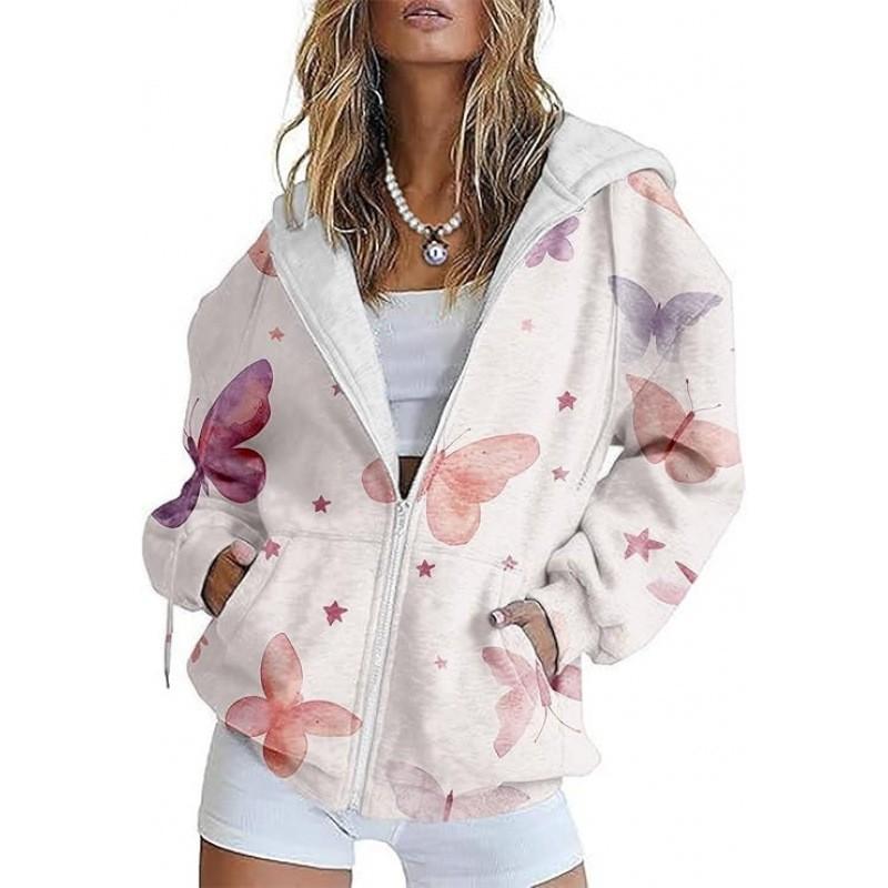 Womens Oversized Hooded Zip-Up Sweatshirt With 3D Printed Winter Casual Loose Fit