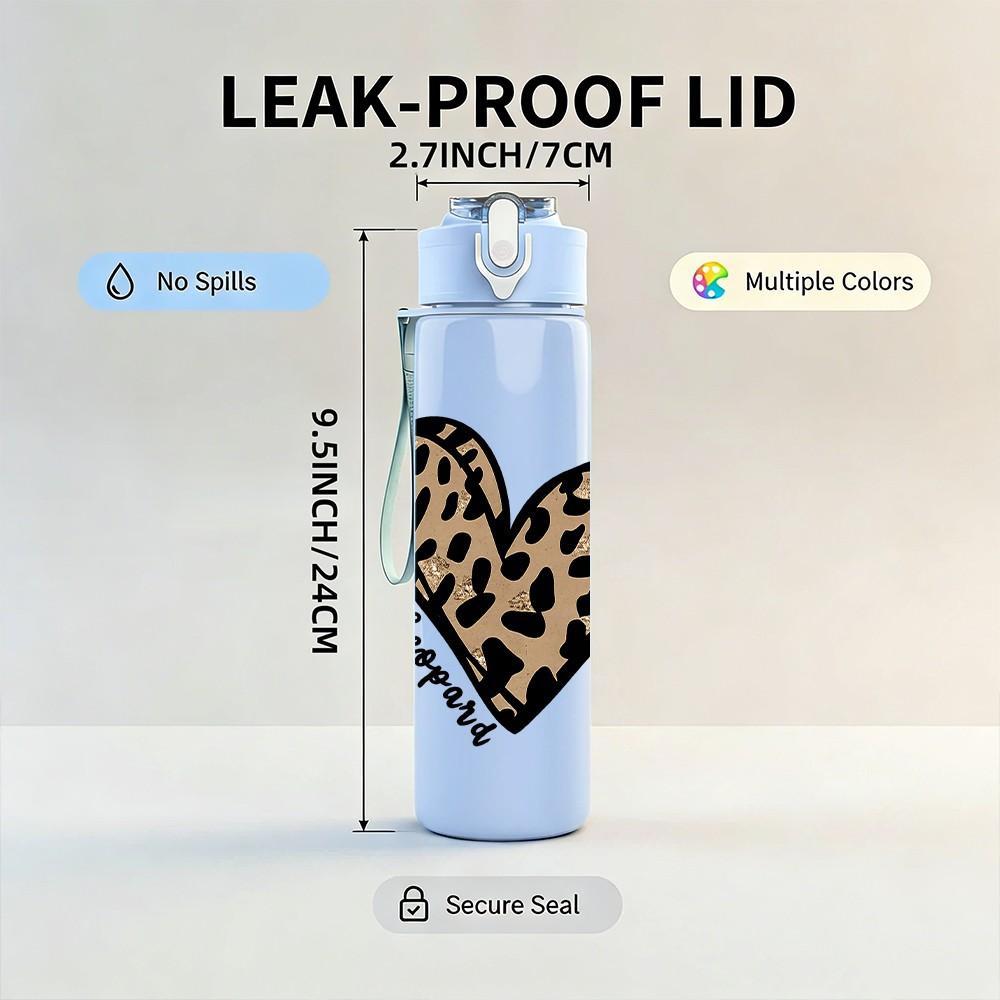 1PC Leopard Heart Pattern Print 750ml Color Plastic Sports Water Bottle Leakproof Flip Straw Lid Suitable for Sports Office Home Use