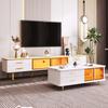 Coffee Table, TV Cabinet, Living Room Furniture, Glass Door, Alloy Frame, Drawers Wave Structure, Gold Handles and Legs, Tabletop Marble Structure.