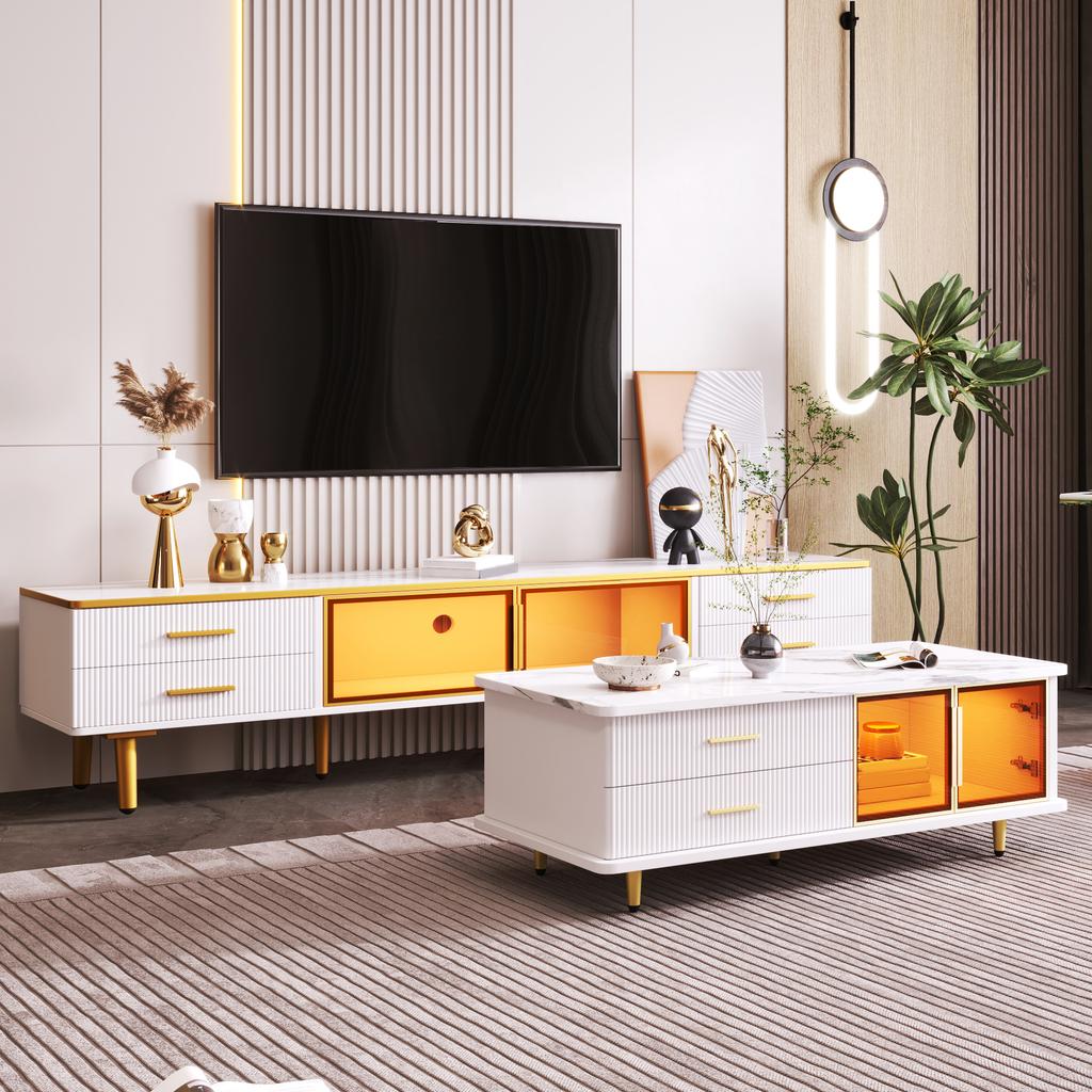 Coffee Table, TV Cabinet, Living Room Furniture, Glass Door, Alloy Frame, Drawers Wave Structure, Gold Handles and Legs, Tabletop Marble Structure.