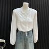 Womens White Cotton Blouse With Lace Trim Tie Neck Ruffled Collar Lantern Sleeves Loose Fit Top
