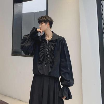 Unisex Retro Long-Sleeve Shirt with Cuffs, Collar, Ruffles & Drawstring - European/American Celebrity Style Trend