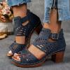 Summer Cut-out Heeled Sandals Women's 2025 New Thick-heeled Plus-size Buckle Roman Sandals