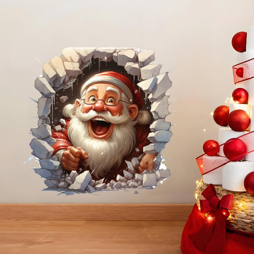 40cm 3D Breaking Wall Christmas Decals Santa Claus Snowman PVC Self Adhesive Stickers for Living Room Bedroom Holiday Decor