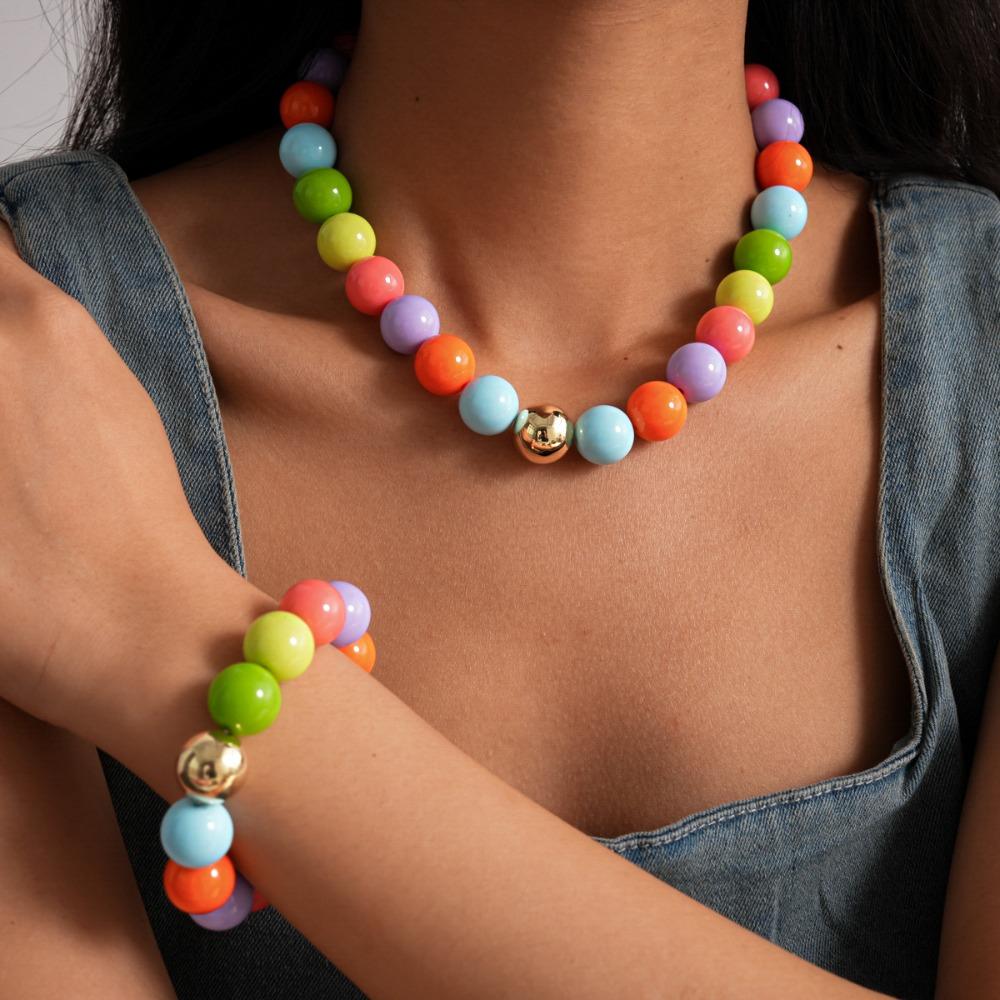 Einfacher Modischer Bunter Dopamin Acryl Runder Perlen Halskette Armband für Frauen Sommerurlaub Schmucksets Zubehör Geschenke