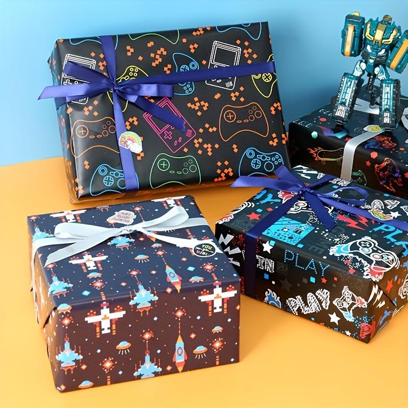 1Set Game - Patterned Kraft Wrapping Kit - Includes Stickers, Ribbons, for Holidays, Gifts & DIY Crafts