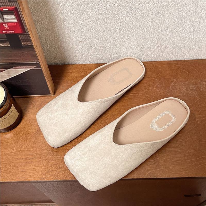 Retro Square Head Half Slippers Women's New Spring and Summer Suede Bag Head Soft Sole Flat Heel Slippers Flat Heel Shoes Large Size Shoes