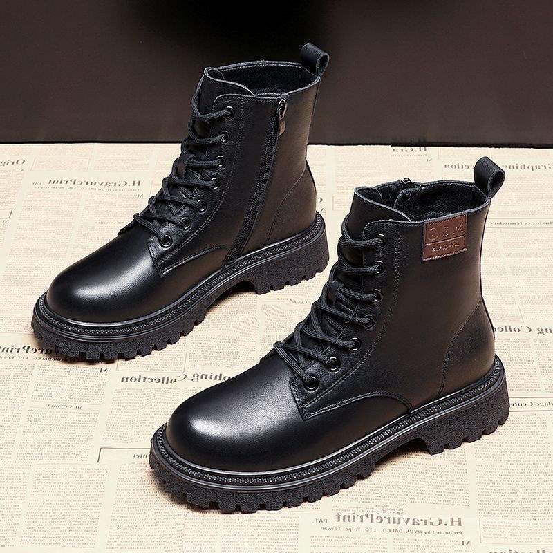 Real soft leather thick-soled Martin boots for women's 2025 new spring, autumn and winter velvet British wind fried street small short boots