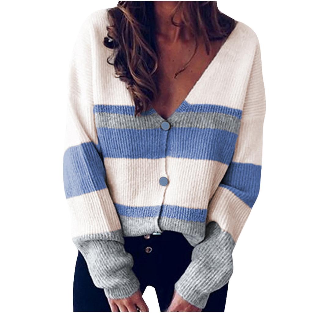 Winter Women's Knitted V-neck Stitching Button Striped Sweater Top