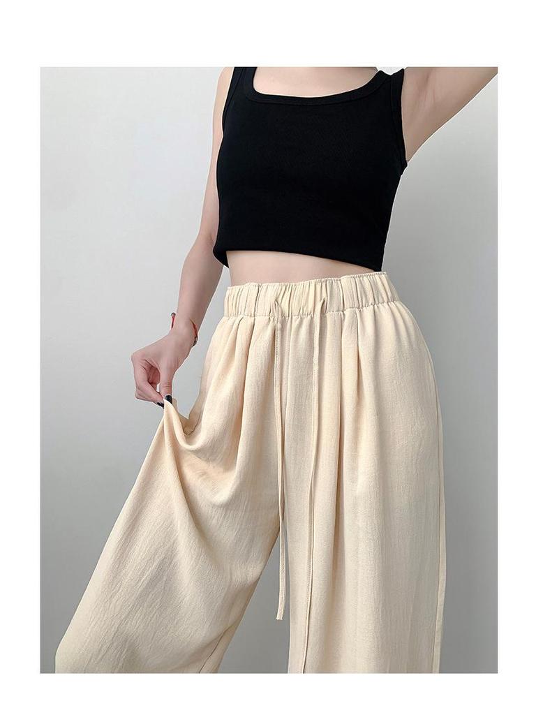 Women's Summer High-Waist Straight Brown Pleated Cotton-Linen Sunscreen Pants
