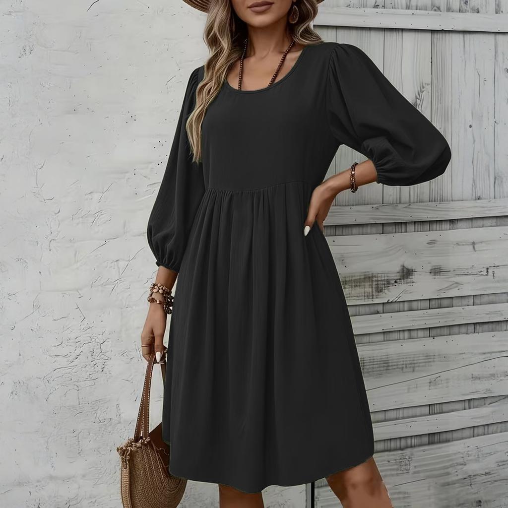 Women's Fashion Elegant Holiday Solided Color Round Neck 3/4 Sleeve Cotton Polyester Midi Dress