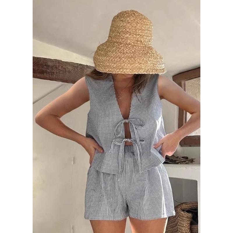 Women's New Summer Plaid Tie Cardigan Vest Shorts Fashion Casual Suit