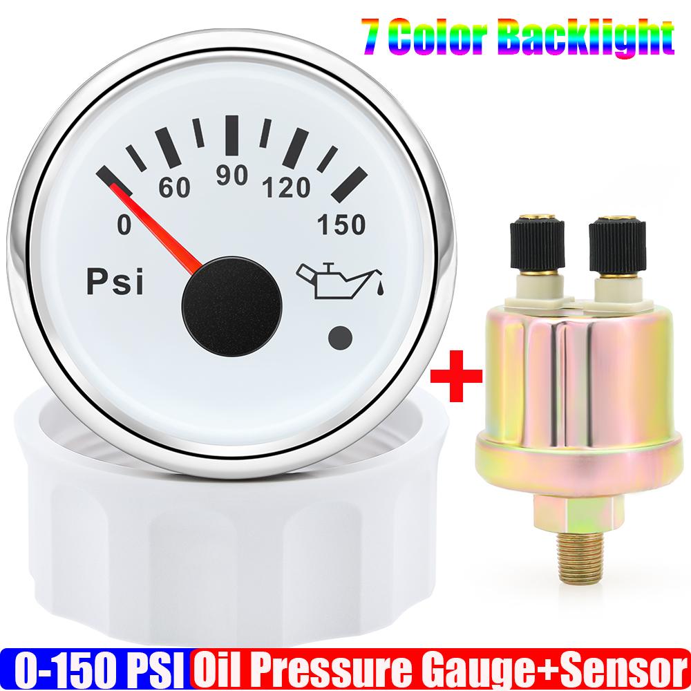 Wasserdichter Auto 2"52mm Öldruckanzeige+Sensor 7 Farben LED 0~150PSI Öldruckmesser mit Blitzalarm Boot Yacht 12V24V