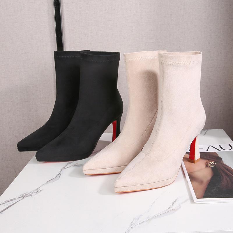 Black Red Sole Suede Platform Ankle Boots: Versatile Elastic Slim Fit, Waterproof, Women's High Heels for Autumn/Winter.