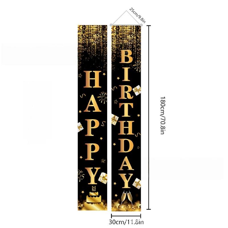 Faixa de Porta de Aniversário 1 Par Poliéster Decoração Sazonal para Entrada Sala Jardim Interior Exterior Decorações de Festa Preto Dourado