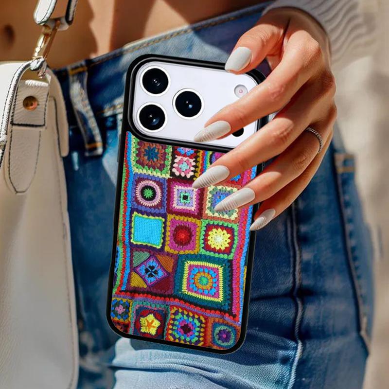 Granny Square Crochet Phone Case For iPhone 17 Air 14 15 13 12 Max Cover For Apple 14 15 16 16e 11 Pro Max Plus