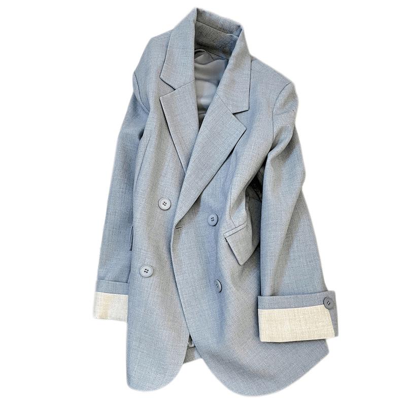 Blue Fashion Korean Style Women's Suit Jacket - 2025 Spring/Autumn Casual Street Style