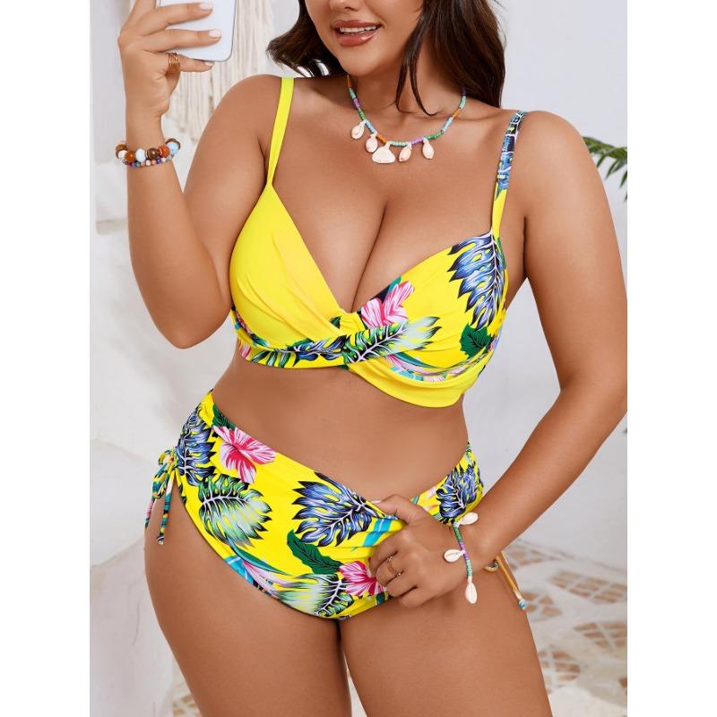 Women's Tropical Floral Print Cross Wrap High Waisted Bikini Set with Drawstring Sides