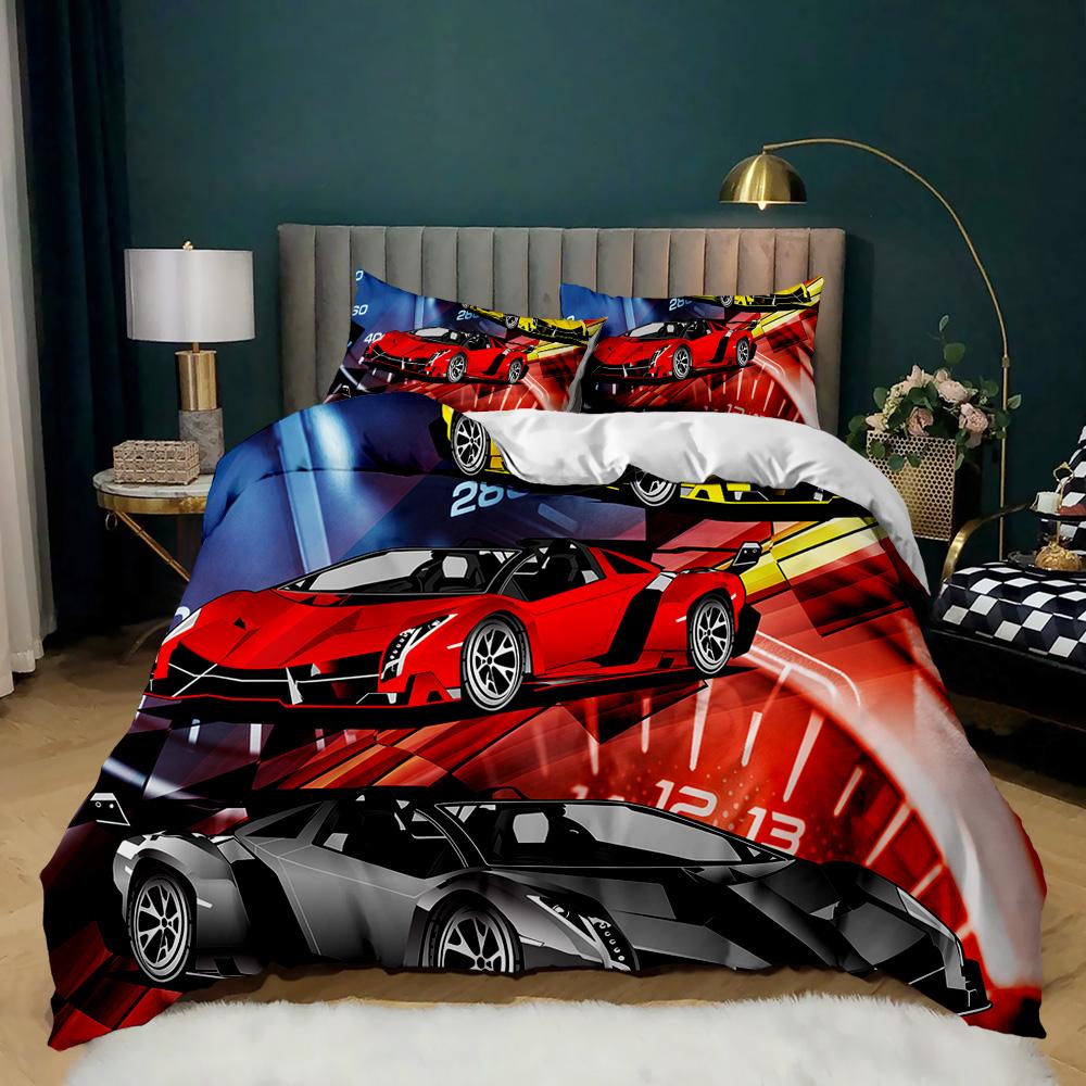 Võidusõiduauto voodipesu komplekt, kahekordne põlev punane tuletekikott 3D sportauto tekikott 3 tk. voodiriided kuningaga tekikott