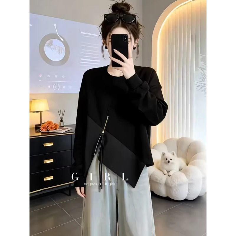 Spring New Plus Size Women s Korean Style Hooded Irregular Sweatshirt Loose Long-sleeved Top S чёрный