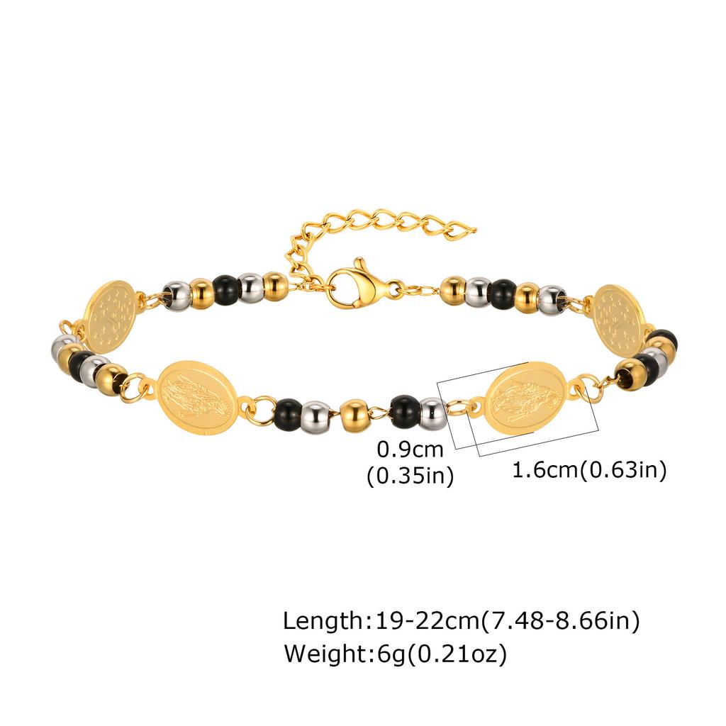 Vnox Virgin Mary Bracelets For Women Men,Stainless Steel Three-color Round Bead Chain,Elliptical Brand Religion Faith Jewelry