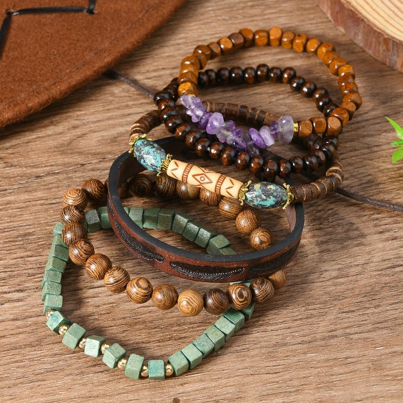 6-Piece new wooden bead beaded gravel leather men's and women's bracelets are suitable for daily wear by men and women