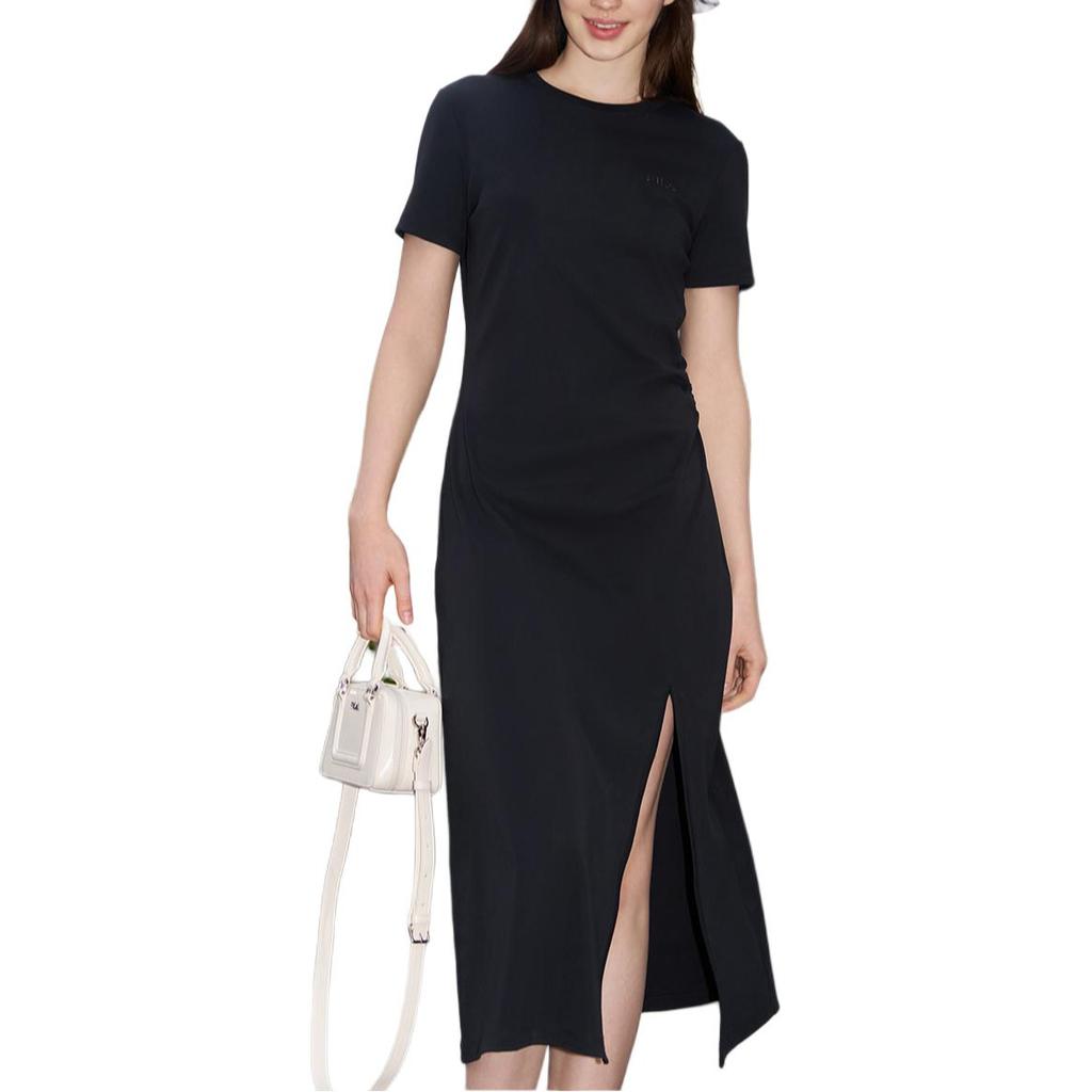Fila Original Goddess Split Dress II Fashion Simple Slim Knit Short Sleeve Dress Women Dresses Black F51W529314F-BK