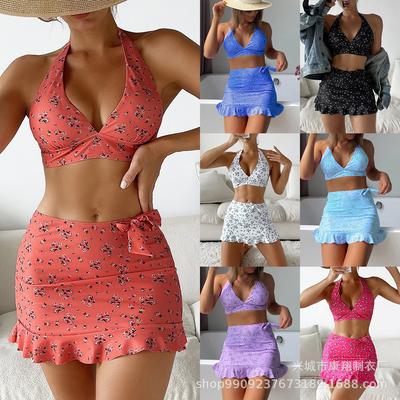 Women's Fashion Padded Printed Bikini Set 3 Pieces Swimwear Set Halter Backless Top Briefs Bowknot Skirt Swimsuit Sexy Bathing Suit