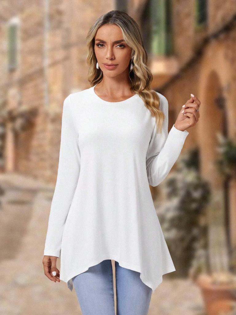 2025 New Solid Color Long Sleeve Irregular Fashion Round Neck Top Women's Simple Versatile T-shirt