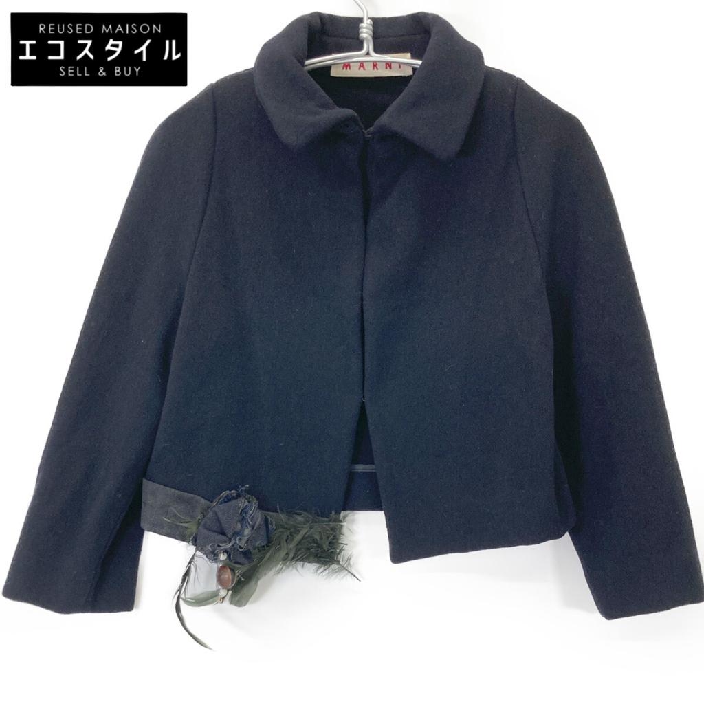 MARNI Navy wool short jacket with corsage Jacket 42 NavyUsed