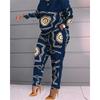 Women's Fashion Casual Spring Autumn Stripe Print Long Sleeve O-Neck Trousers Pants Suits