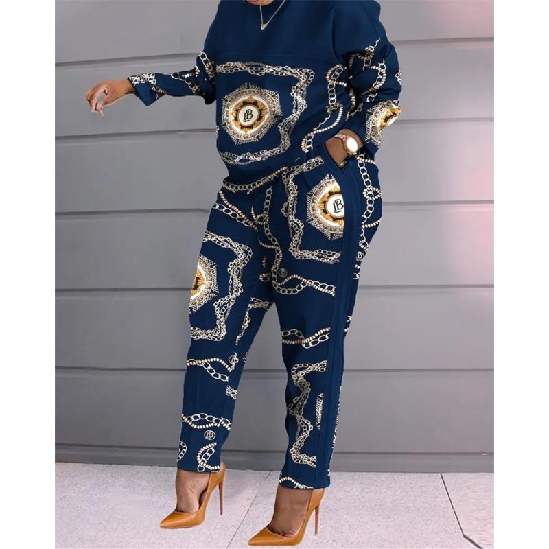 Women's Fashion Casual Spring Autumn Stripe Print Long Sleeve O-Neck Trousers Pants Suits