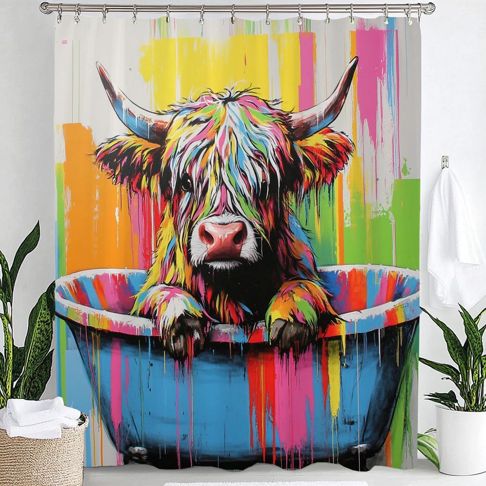 Colorful Abstract Graffiti Creative Highland Cow Print Waterproof Shower Curtain Partition Privacy Hanging Curtain with Hooks