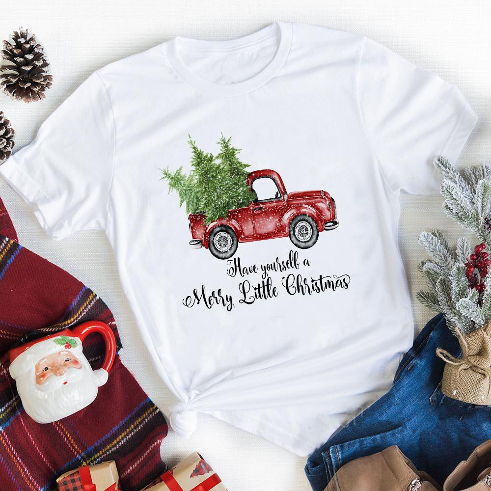 Merry Christmas Plaid Tree Printed T Shirt Fashion Graphic Women Top Tshirt Female Kawaii Tee Ladies