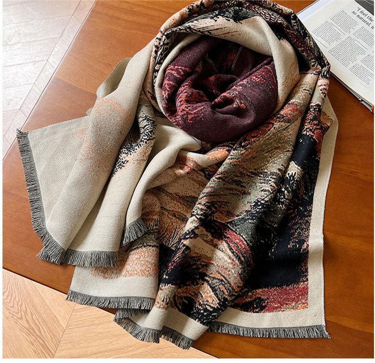 Ethnic Style Landscape Oil Painting Scarf - Autumn/Winter Fashion for Female Students, Warm Imitation Cashmere Shawl