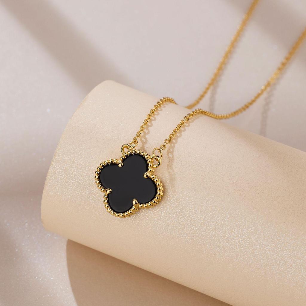 High-Grade Women's Four-Leaf Clover Necklace Double-Sided Inlaid Acrylic Pendant Simple Lucky Grass Light Luxury Collarbone Chain