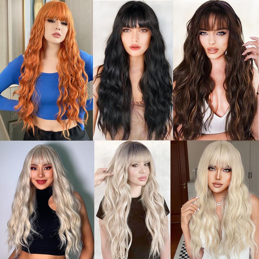 MISS WIG Natural Black Long Wave Wig with Bangs Synthetic High Temperature Fiber Wig Suitable for Daily Wear Party Wigs