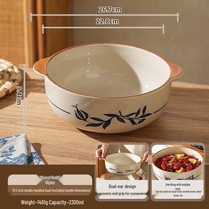 Hecuanwu Japanese Underglaze Ceramic Double-Ear Soup Bowl