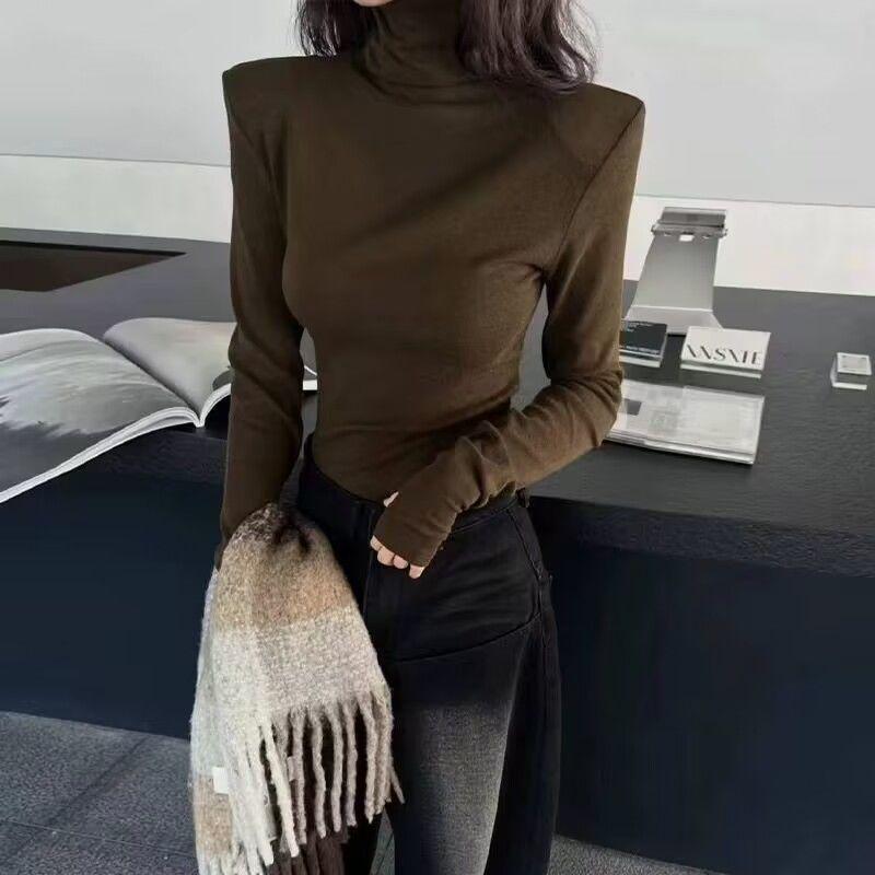Women's White High-Neck Velvet Long Sleeve T-Shirt with Padded Shoulders - Slim Fit for Autumn/Winter 2025