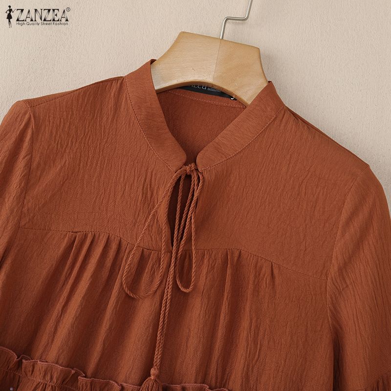 ZANZEA Women Casual Stand Collar Bell Sleeve Loose Blouse