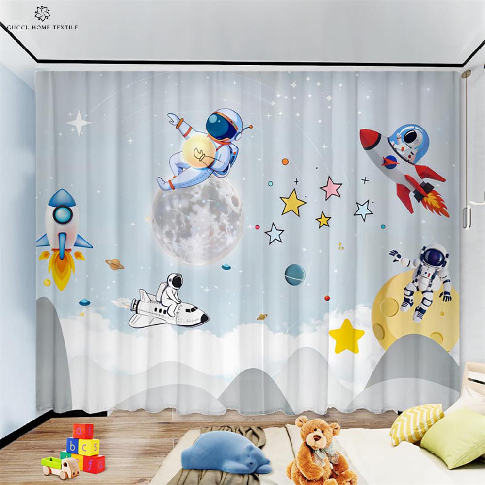 Animation Cartoon Astronaut Curtains for Children's Room, Window Decoration, Living Room, Study, Kitchen, Space, 2Pcs