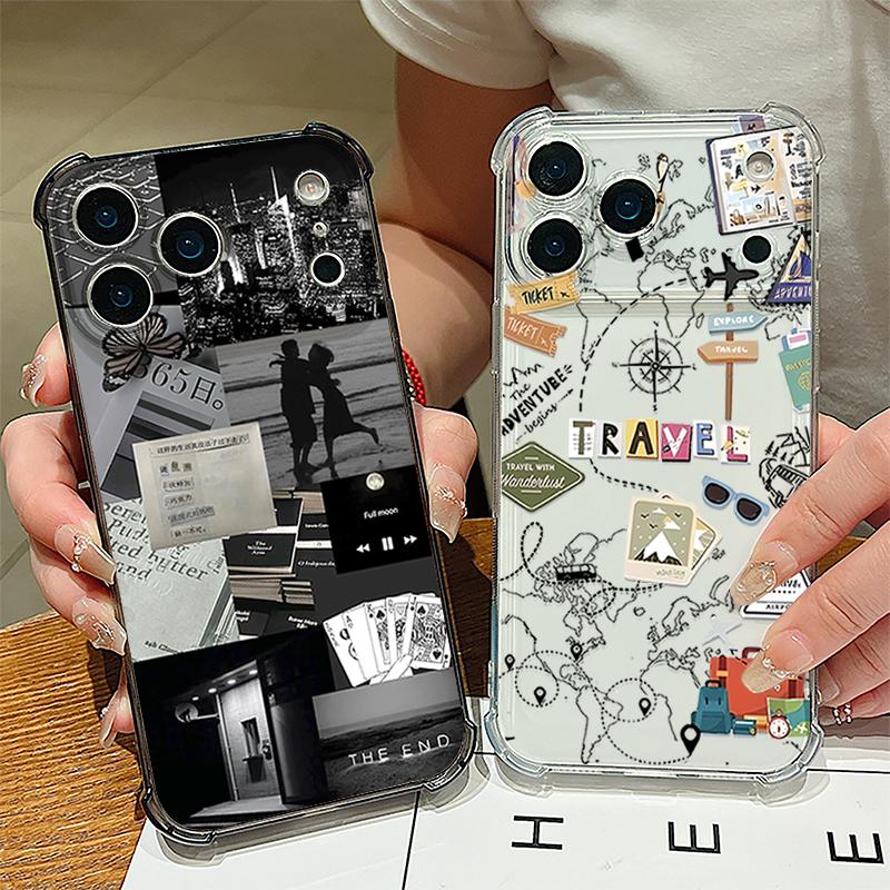 Travel Route Pattern Phone Case For iPhone 17e 17 16 15 14 Pro Max 14 13 Pro 16 Shockproof Clear TPU Soft Card Slot Pocket Cover