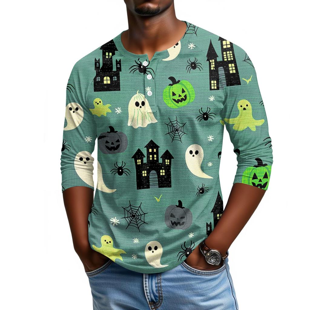 Men's Casual Halloween Print Raglan Sleeve Henley Shirt Three Quarter Sleeve Lightweight Top for Everyday Wear