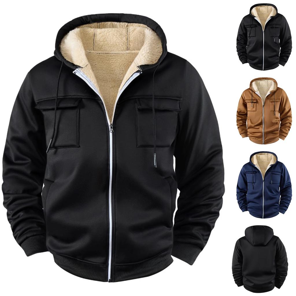 Winter Men's Fleece Hooded Hoodies Casual Loose Fit Solid Color Hoodie Coats Zipper Sports Hoodie Jacket Warm Hooded Sweatshirts