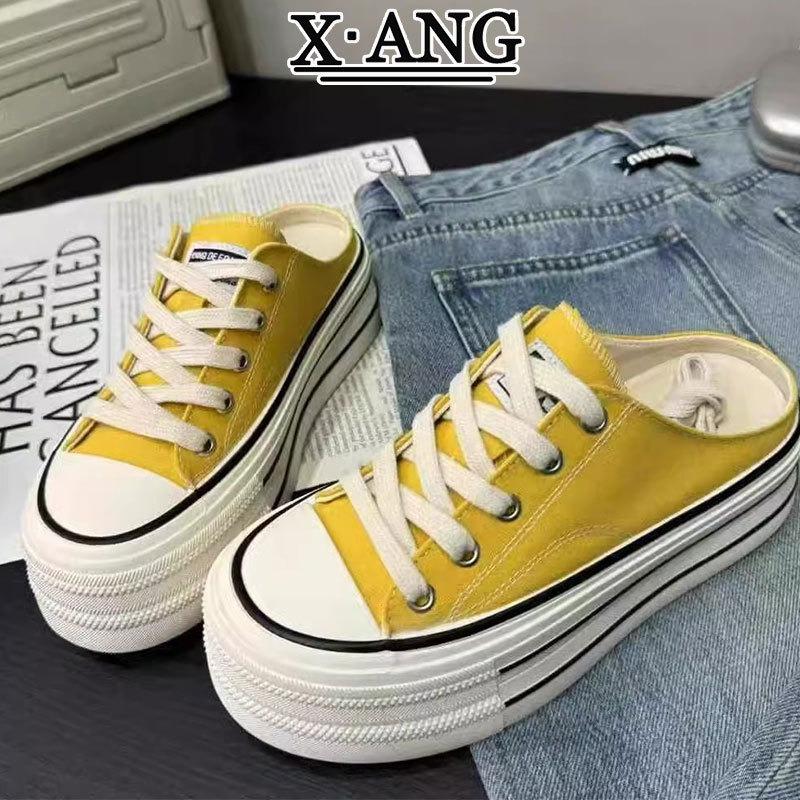 

Thick-soled heightening canvas shoes Baotou half slippers women s summer outer wear new one-pedal heel-less white shoes 40