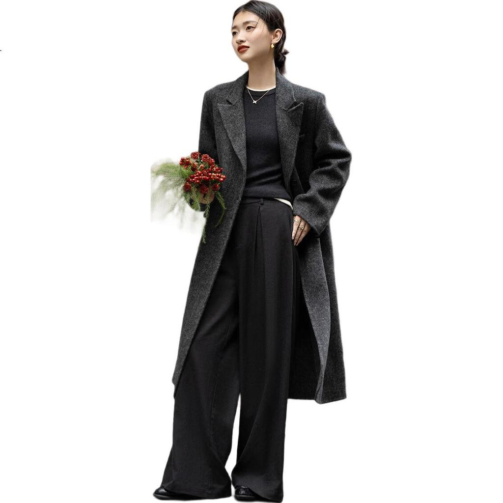 Demana Handmade Double-Sided Wool Blend Winter Modern Structured Shearling Lapel Flap Pocket Straight Women's Coat