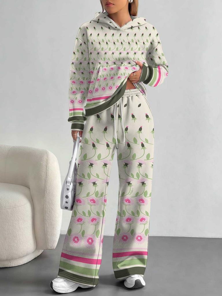 Pink Cherry Print European and American Autumn and Winter Casual Long-sleeved Suit Women's Hooded Sweater Trousers Two-piece Set